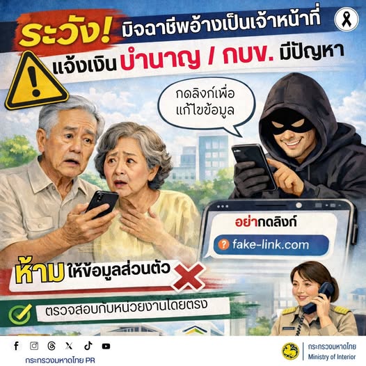 เตือนภัยมิจฉาชีพแอบอ้างเป็นเจ้าหน้าที่ แจ้งเงินบำนาญหรือ กบข. มีปัญหา